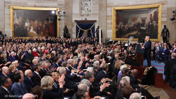 President Donald Trump speaks after taking the oath of office during the 60th Presidential Inauguration in the Rotunda of the U.S. Capitol in Washington, Monday, Jan. 20, 2025. (Kevin Lamarque/Pool Photo via AP)